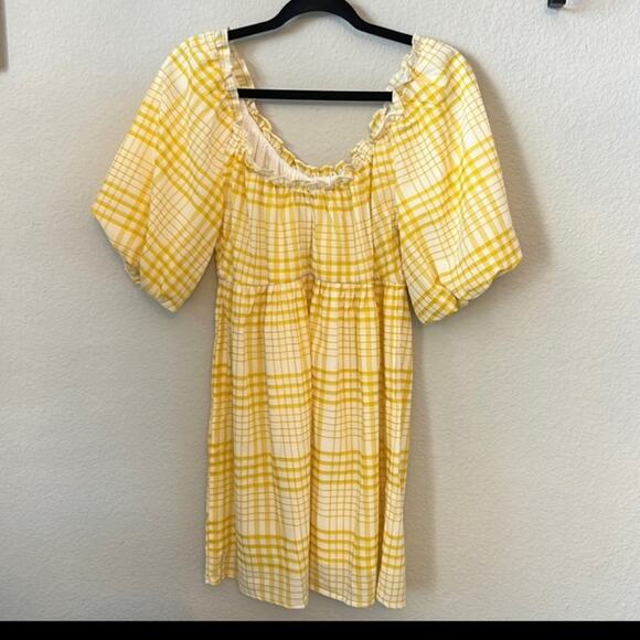 NWT Lush Puff Sleeve Sunshine Plaid Mini Dress in Yellow Sz Small - Picture 2 of 8